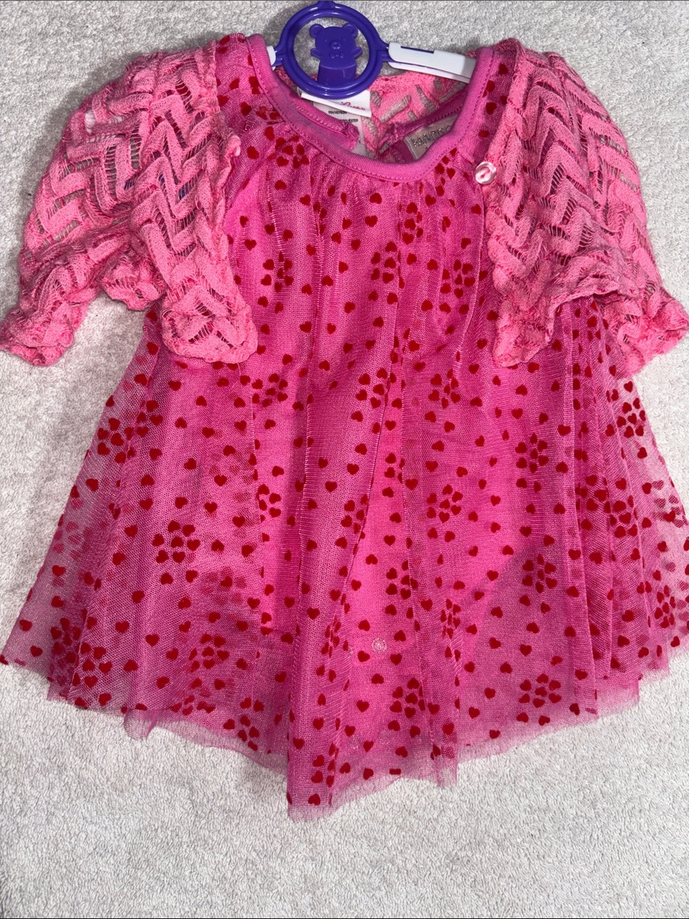 Little Lass Pink Dress with Red Heart Dot Mesh & Knit Shrug